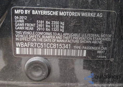 2012 BMW 535I from USA, damaged, VIN WBAFR7C51CC815341